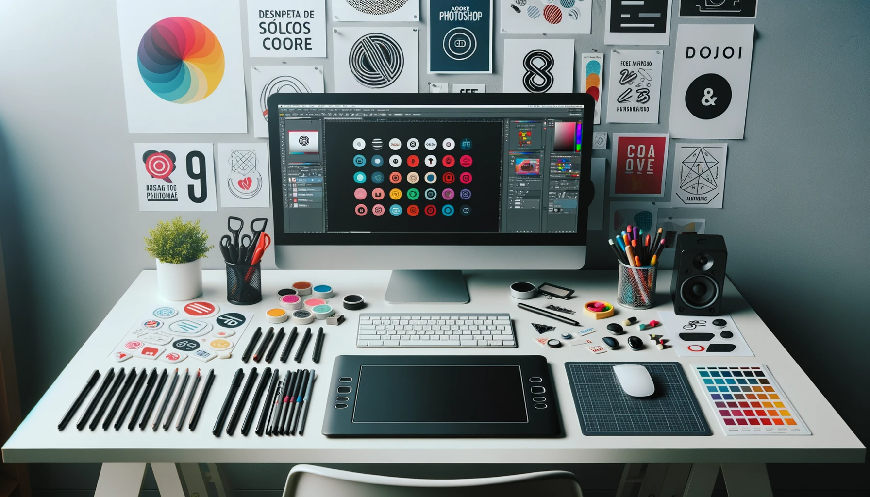 Foto que muestra un espacio de trabajo moderno de un disenador grafico digital. En el escritorio hay una tableta grafica un monitor que muestra un so - Del pixel al concepto: Descubriendo el diseño gráfico digital en la era moderna