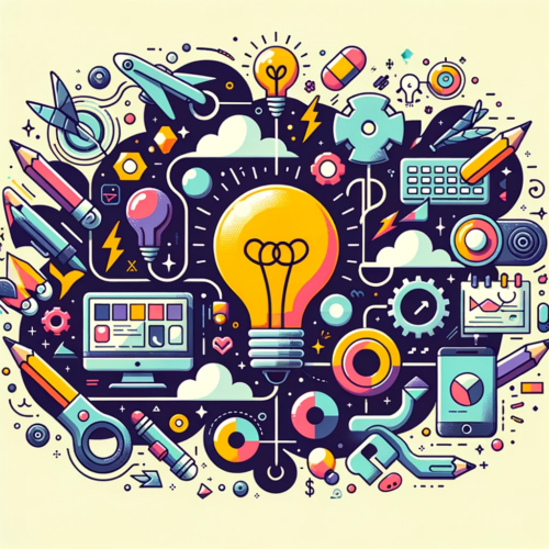 Ilustracion que representa el proceso del diseno grafico digital. Se visualiza desde la idea inicial representada por un bombillo pasando por herram 500x500 - Del pixel al concepto: Descubriendo el diseño gráfico digital en la era moderna